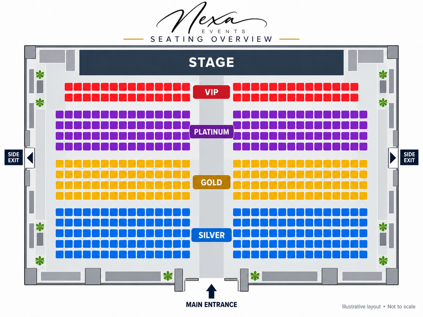 Illustrative seating overview showing VIP, Platinum, Gold and Silver areas